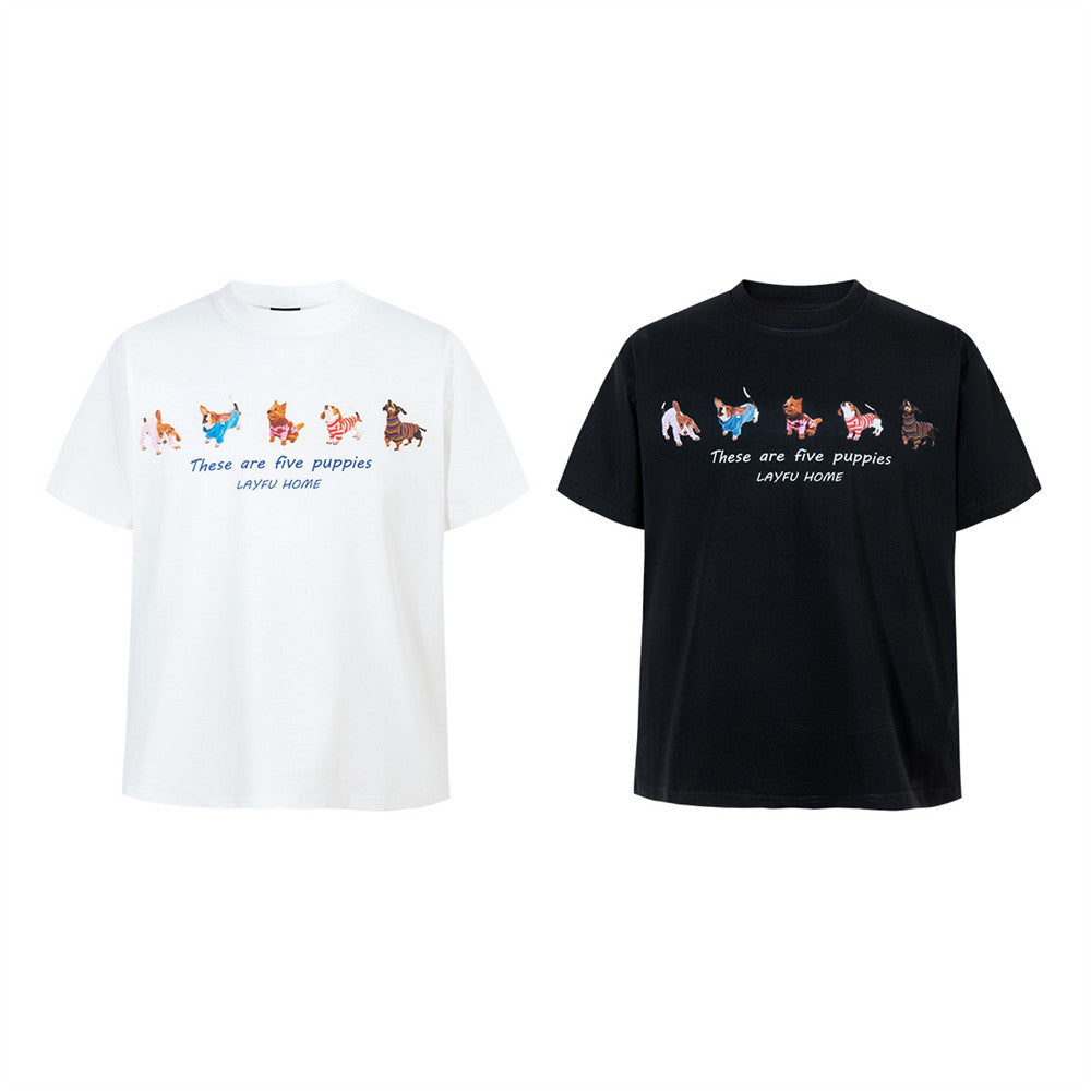 Unisex-T-Shirt mit Rundhalsausschnitt und Five-Puppies-Grafik in Weiß und Schwarz, illustrierter Hundeprint auf der Brust