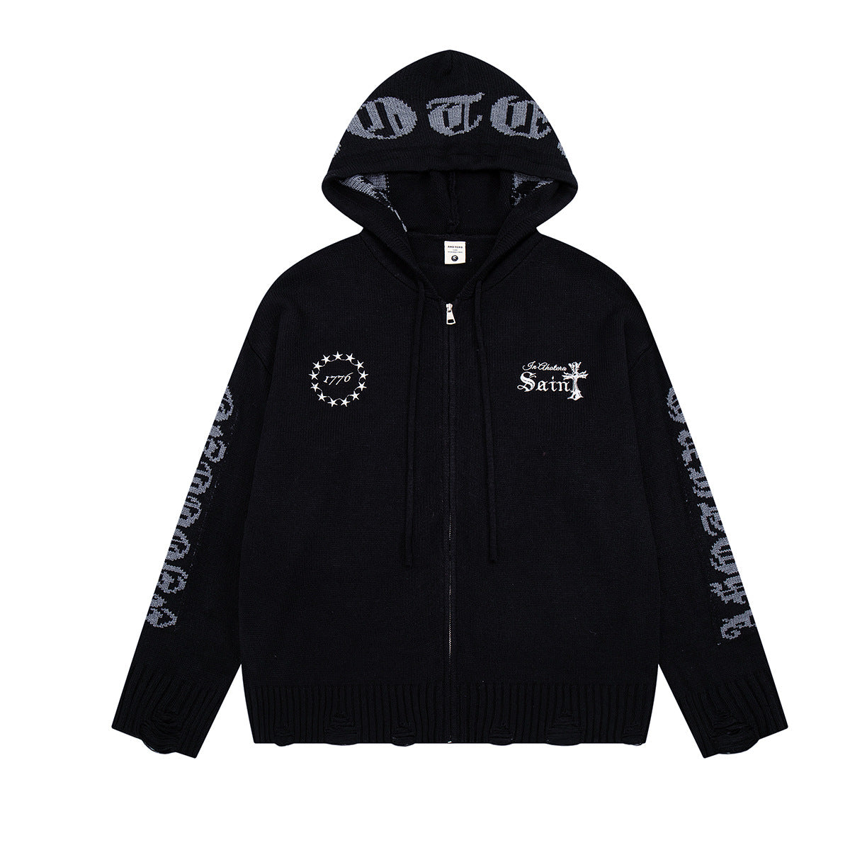Sudadera de punto con cremallera y cruz gótica – Cárdigan de streetwear americano desgastado