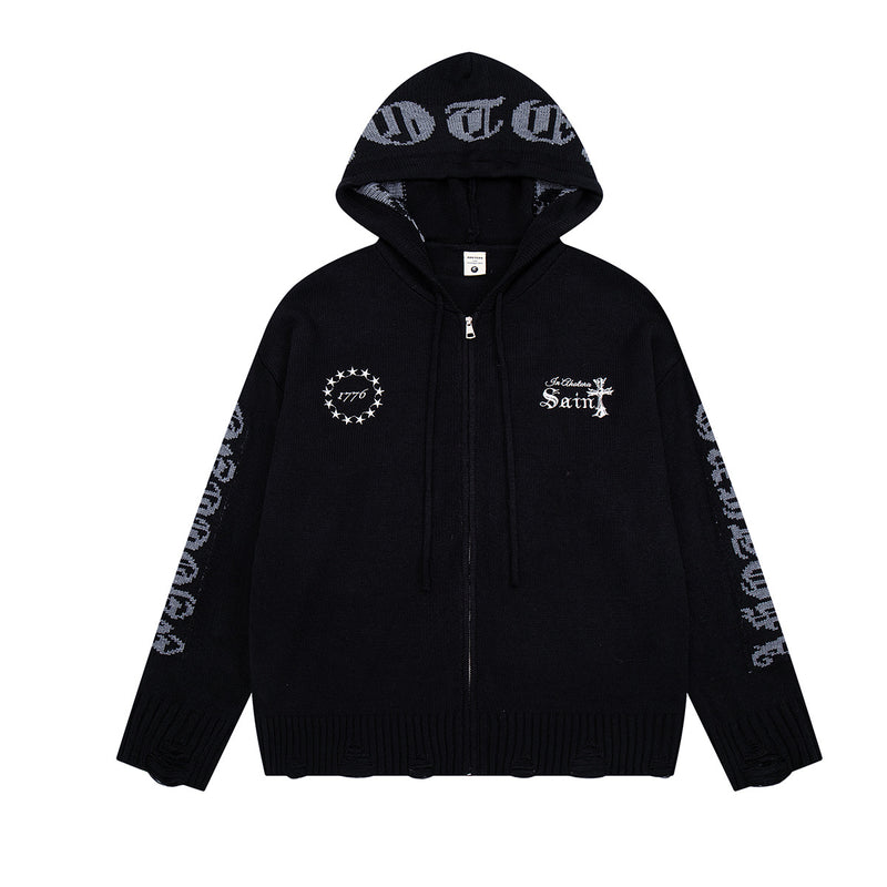 Sudadera de punto con cremallera y cruz gótica – Cárdigan de streetwear americano desgastado