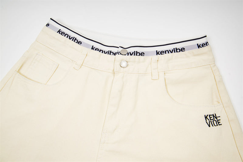 Wide-Leg Jeans with Letter Embroidery & Logo Waistband — Off White