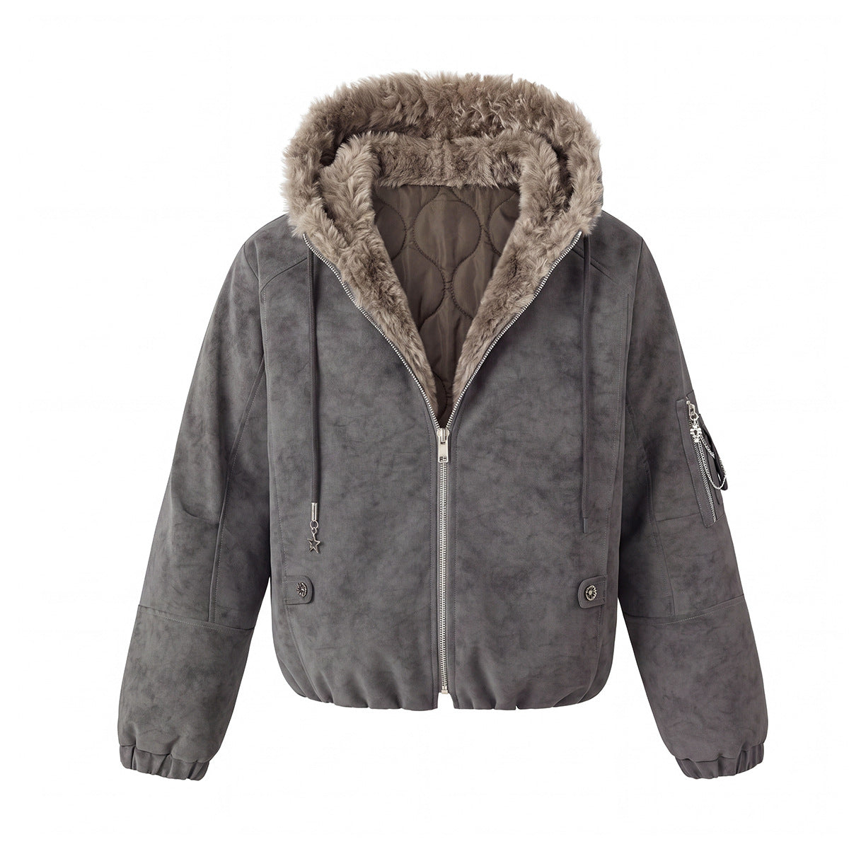 Veste bomber à capuche – Similicuir effet usé, col en fausse fourrure et garnissage matelassé