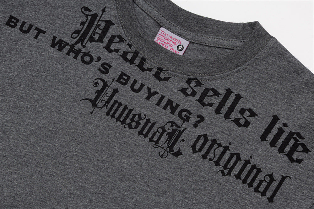 Men's Gothic Letter Print Long-Sleeve Tee with Striped Sleeve Splice