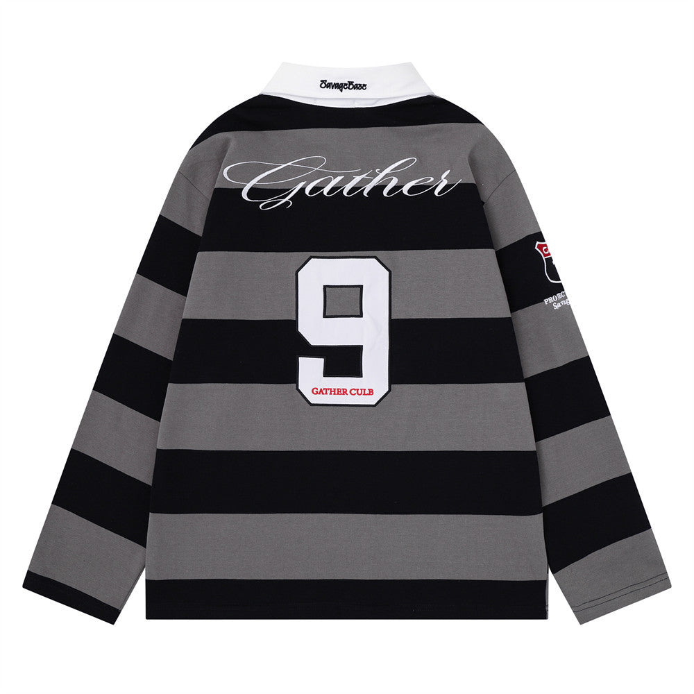 Striped Rugby Polo Shirt – Long Sleeve Color-Block Oversized Fit with Letter