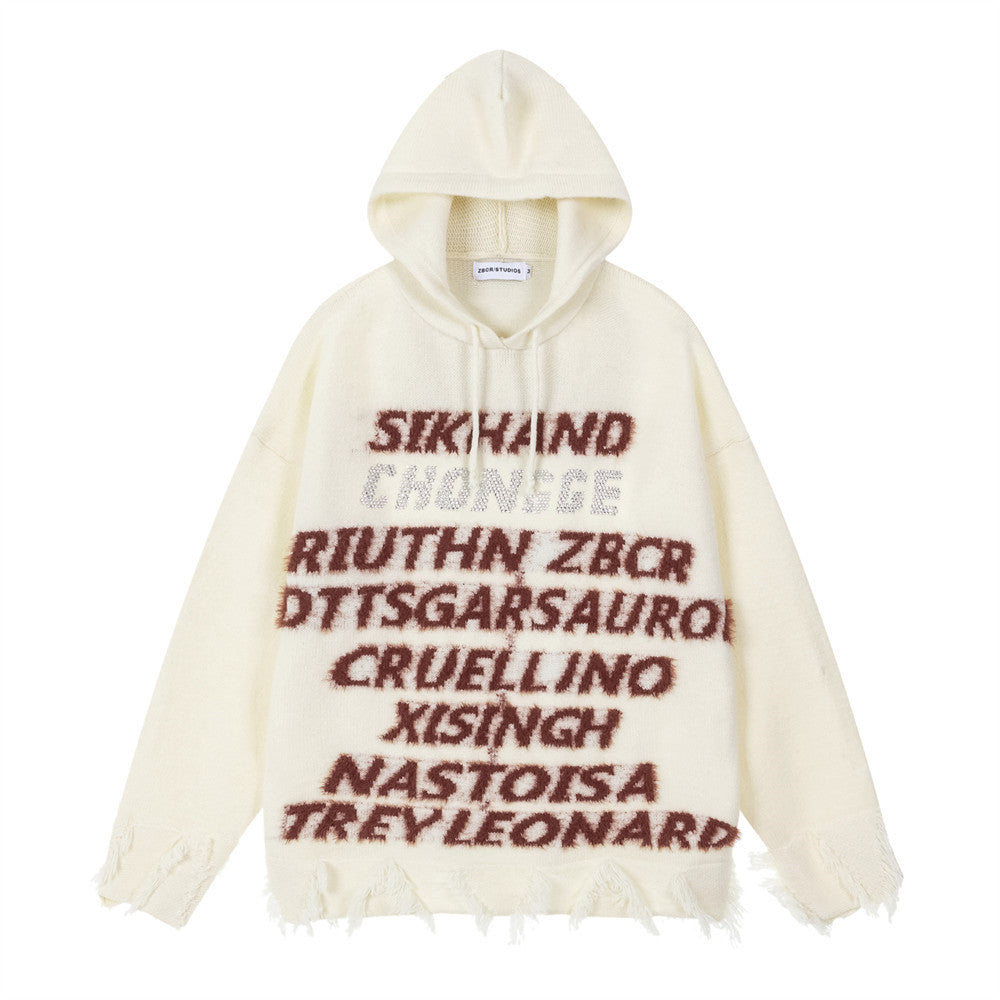 Letter Jacquard Knit Hoodie with Fringe Hem – Streetwear Pullover