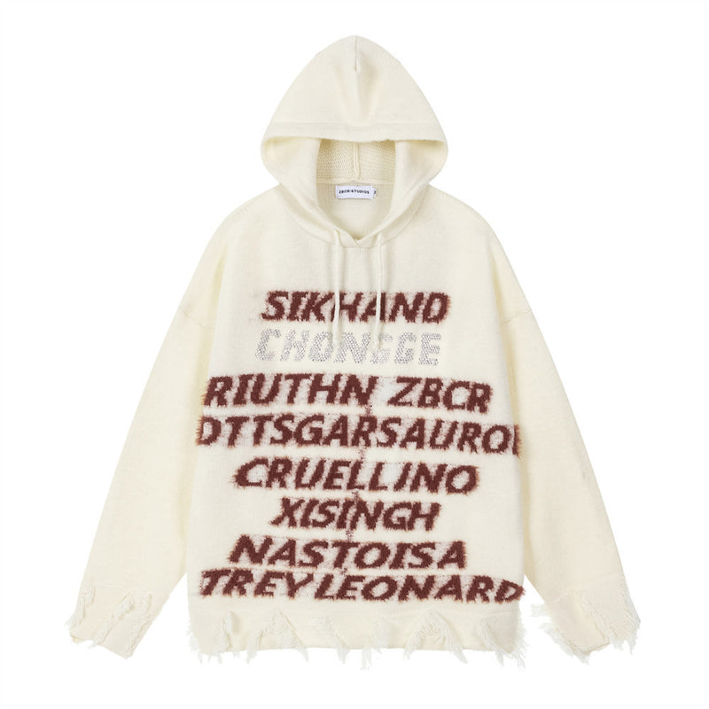 Letter Jacquard Knit Hoodie with Fringe Hem – Streetwear Pullover
