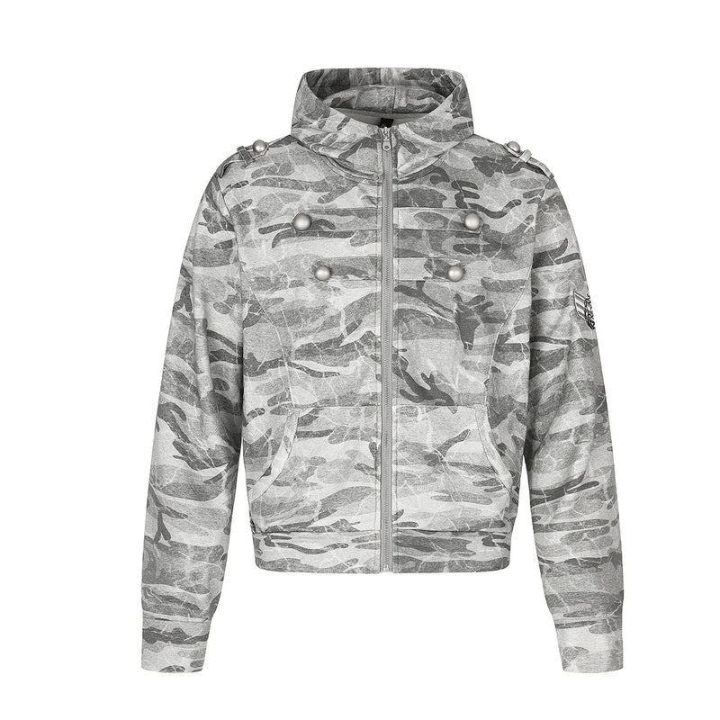 Sudadera con capucha y cremallera de camuflaje, oversize de estilo militar con botones plateados