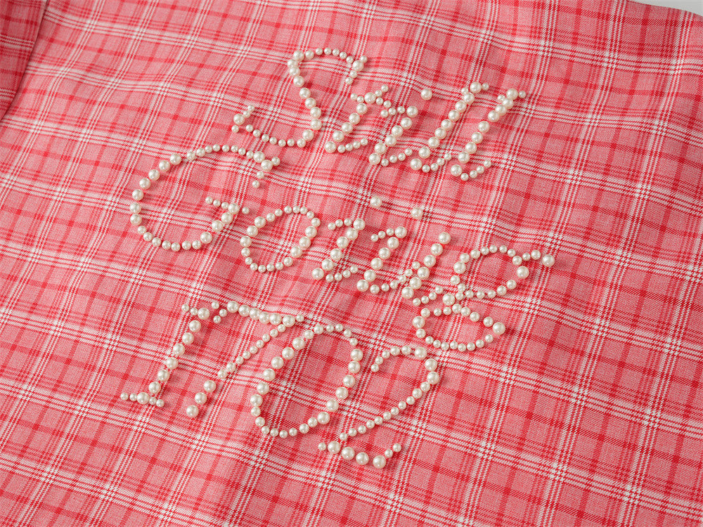 Oversized Plaid Short Sleeve Shirt with Pearl Bead Script Detail