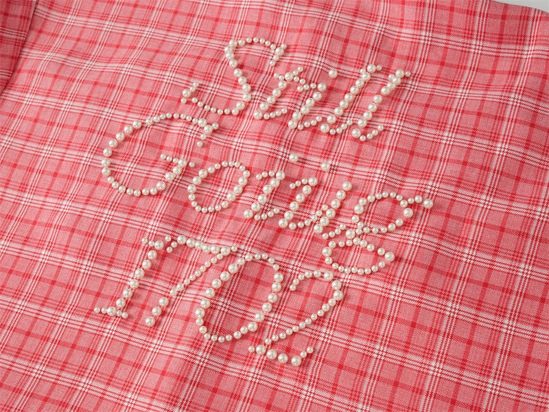 Oversized Plaid Short Sleeve Shirt with Pearl Bead Script Detail