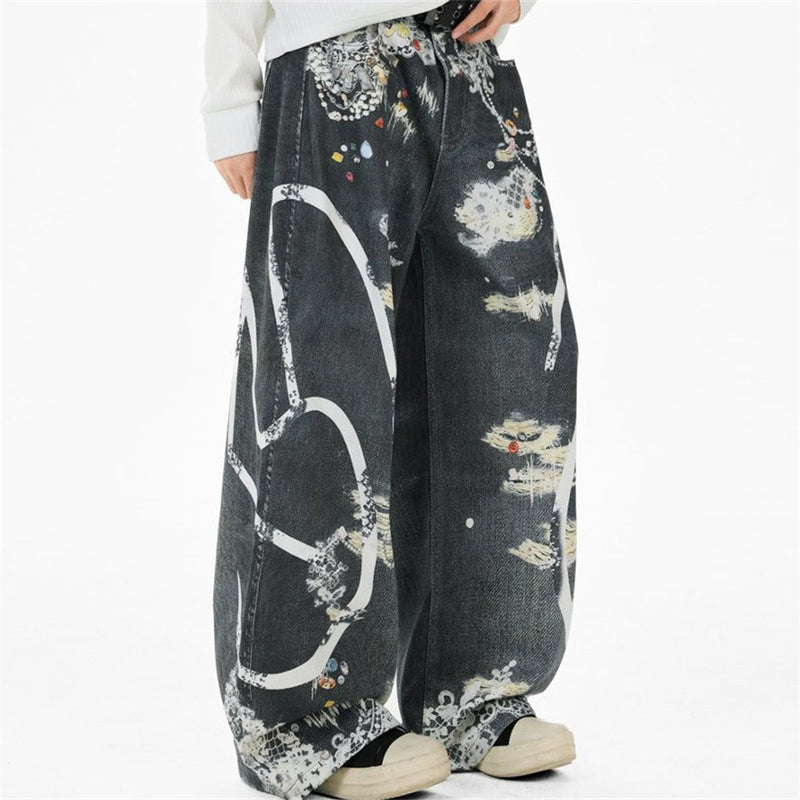 Loose Jeans for Men – Graffiti 3D Print Wide-Leg Dark Wash Denim