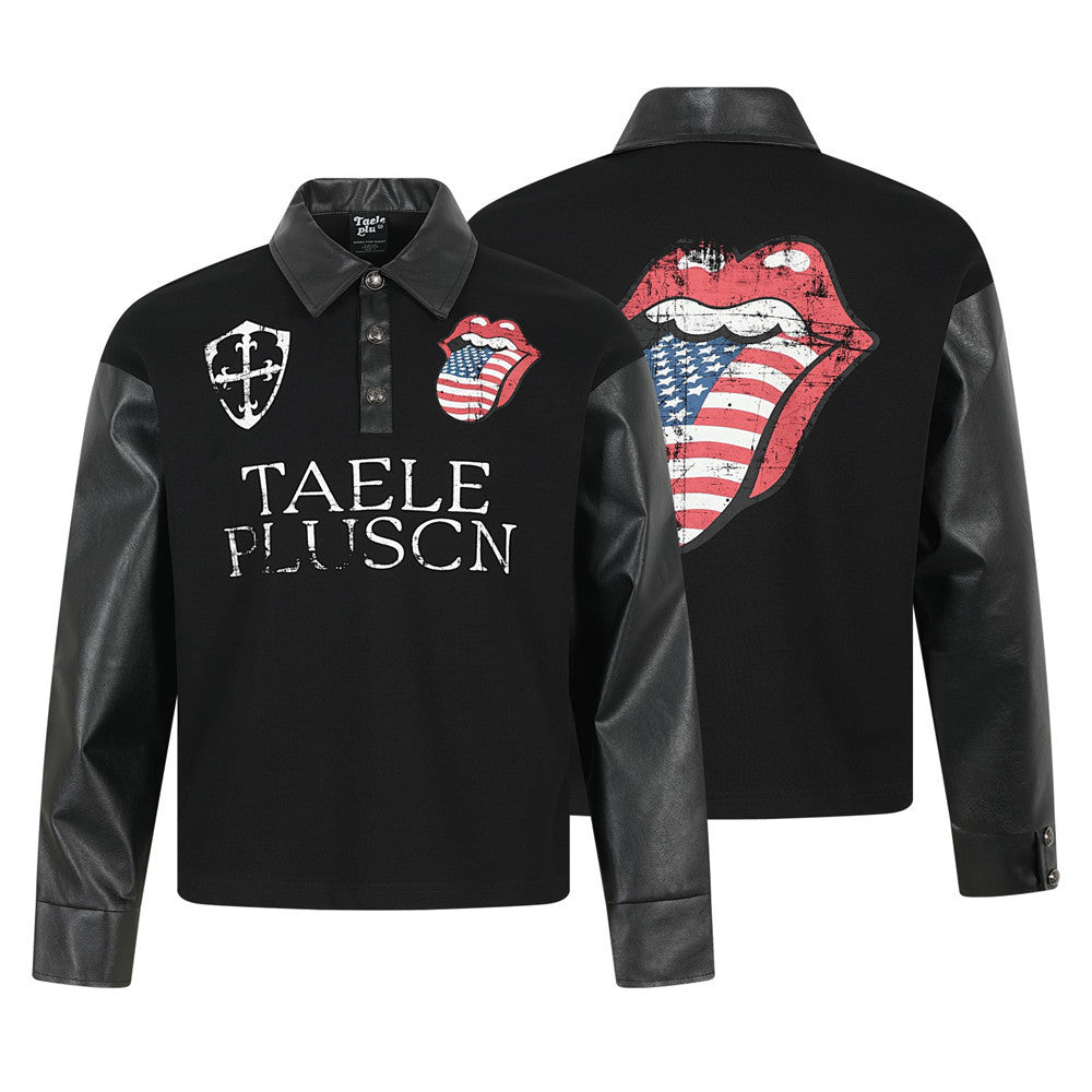Schwarzes Langarm-Polohemd für Herren mit Ärmeln aus PU-Leder und Used-Print einer amerikanischen Flagge mit Zunge auf dem Rücken