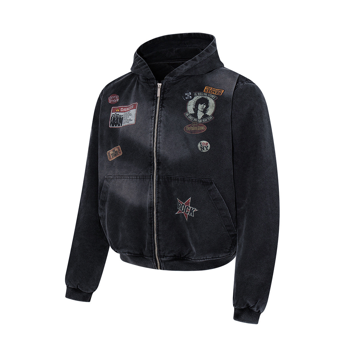 Rolling Stones Patch Hooded Bomber Jacket – Washed Black Vintage Graphic