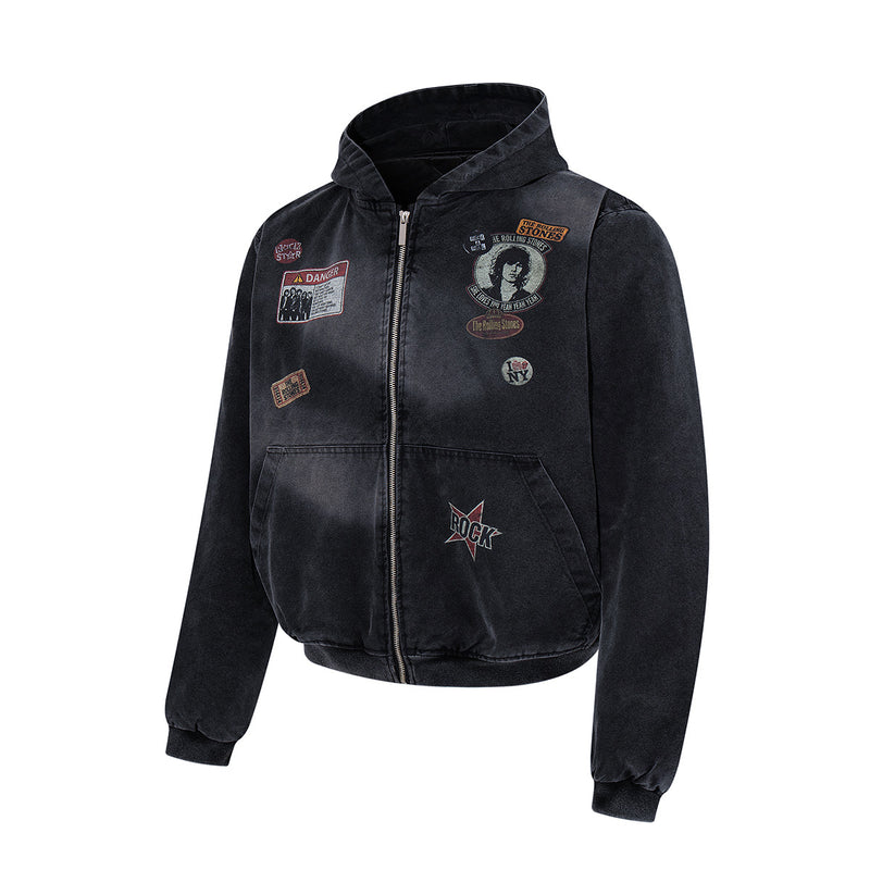 Rolling Stones Patch Hooded Bomber Jacket – Washed Black Vintage Graphic