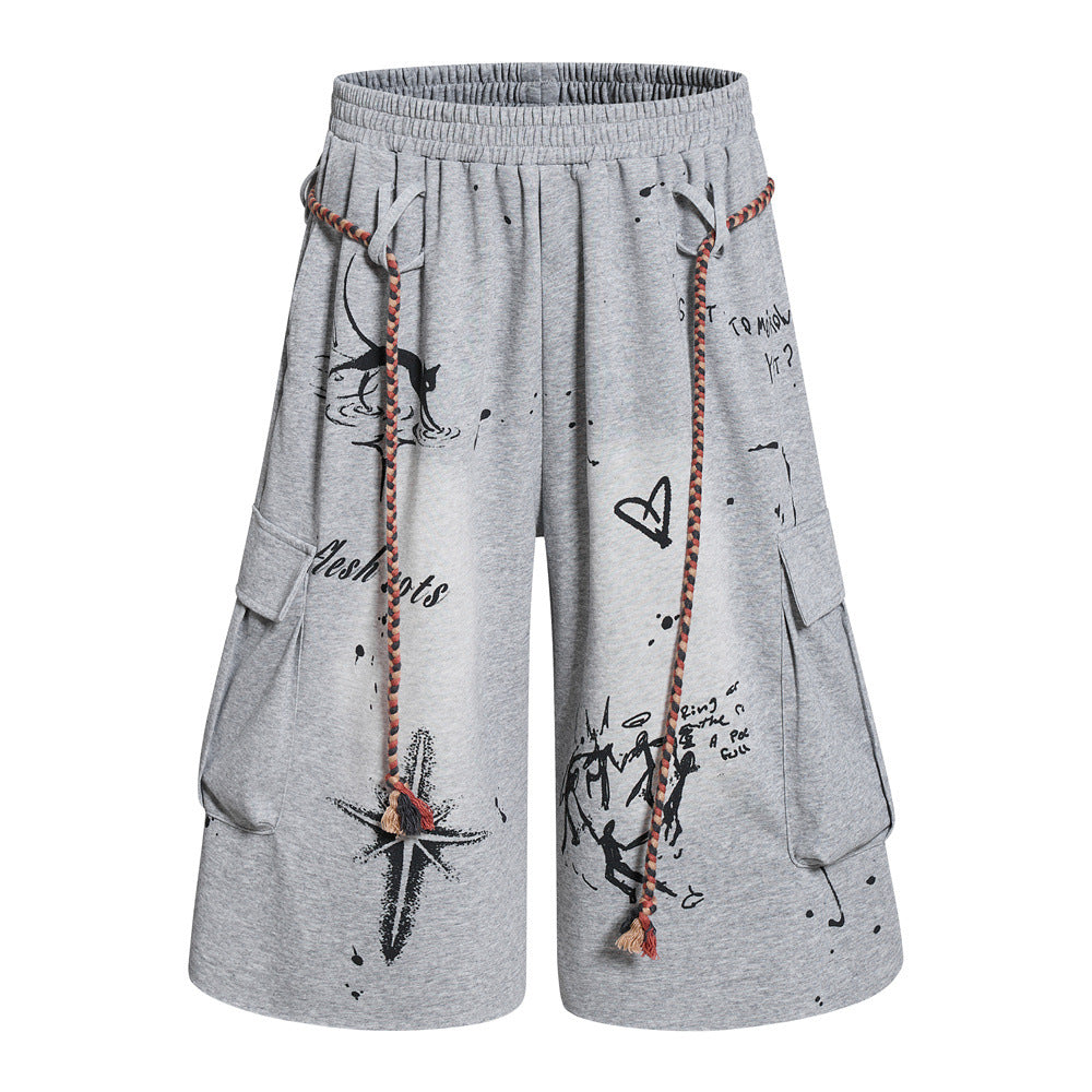 Hand-Drawn Graffiti Cargo Shorts – Wide Leg Streetwear with Rope Drawstring
