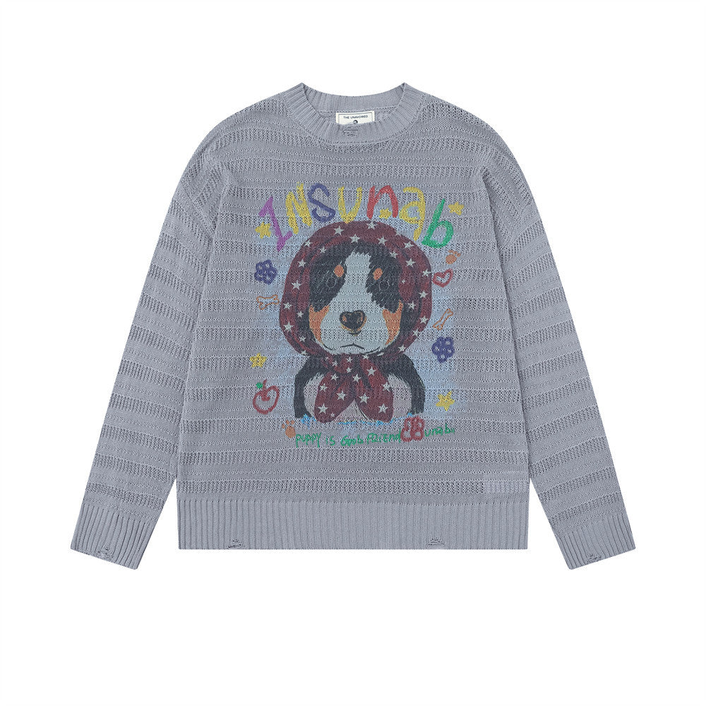 Jersey de punto de cuello redondo con gráfico de cachorro – Corte holgado y manga larga de punto calado