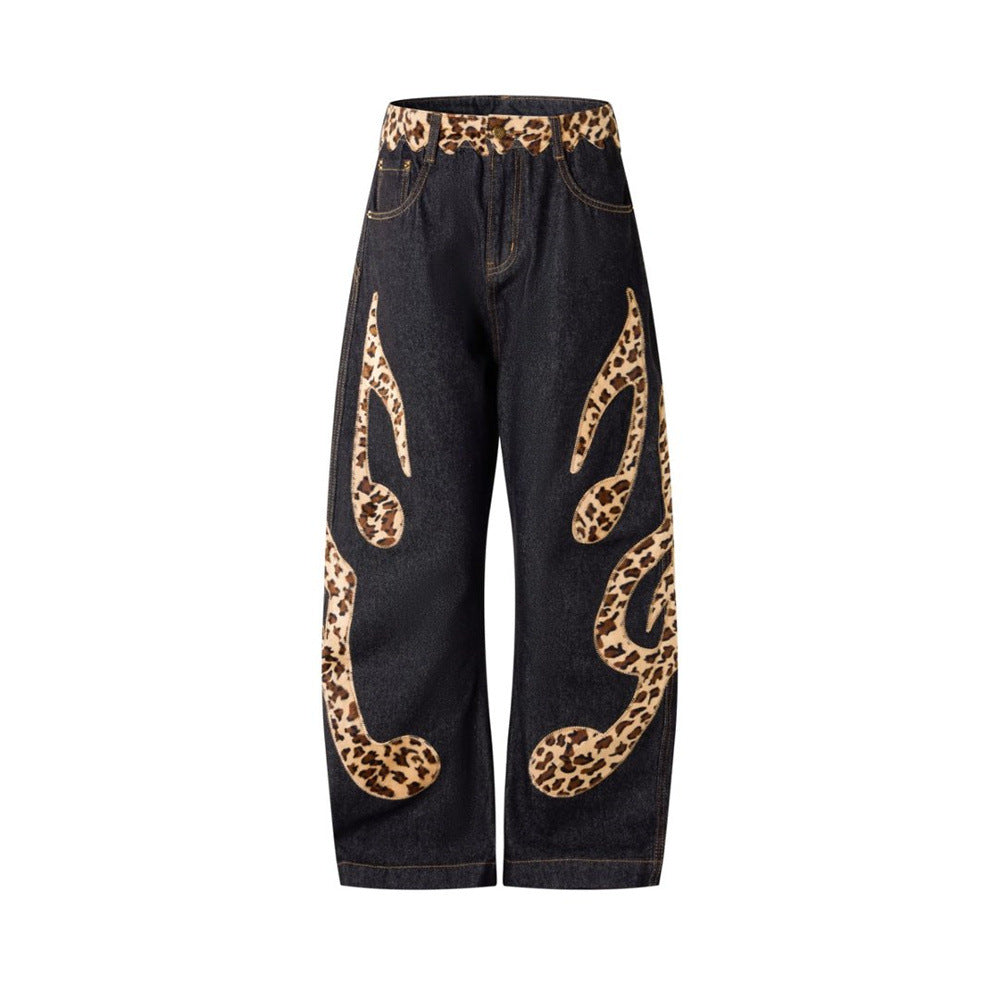 Loose Fit Jeans Men – Black Wide-Leg Denim with Leopard Print Appliqué Patches