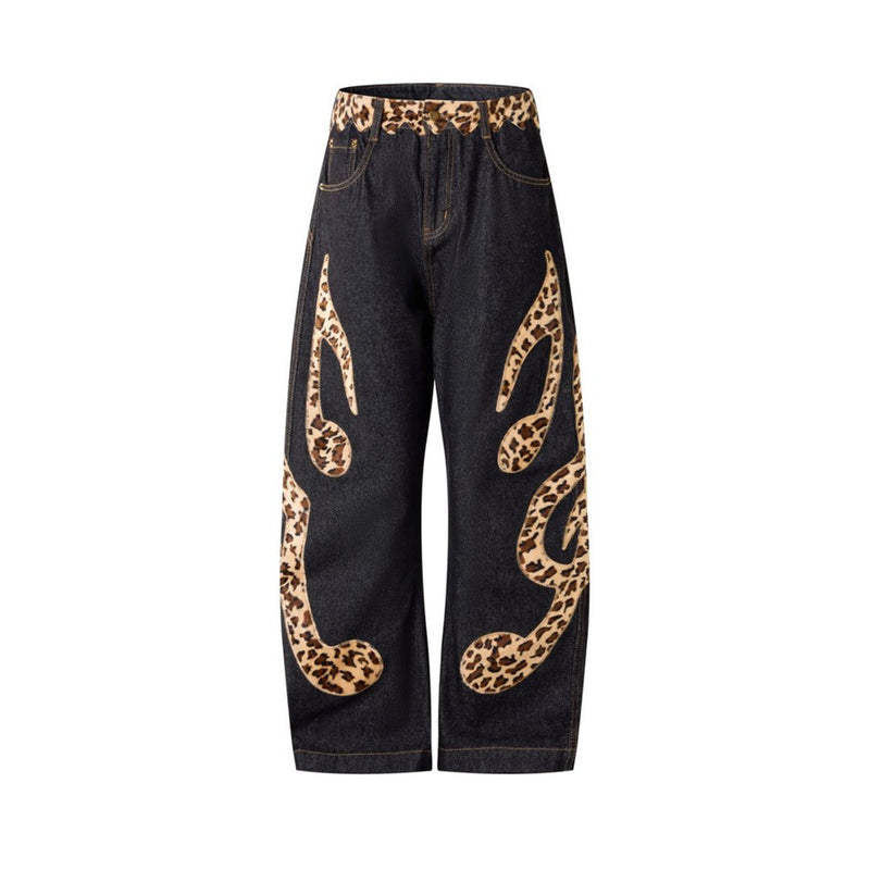 Loose Fit Jeans Men – Black Wide-Leg Denim with Leopard Print Appliqué Patches