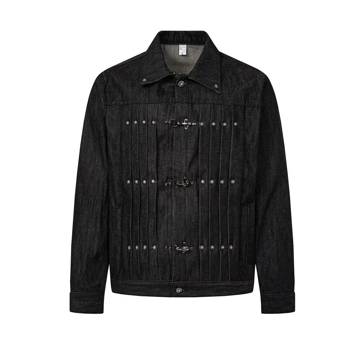 Veste boxy en jean noir avec empiècement plissé sur le devant, fermetures à barre métallique et rivets à clous turquoise, vues de face et de dos