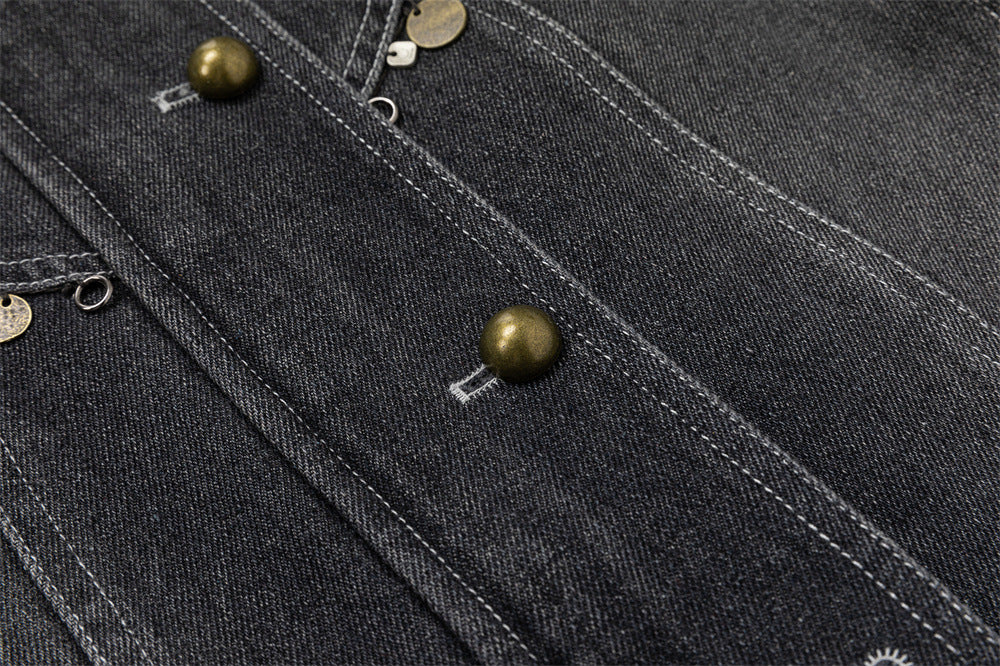 Men's Washed Denim Jacket with Metal Coin Chain Trim & Brass Buttons — Punk