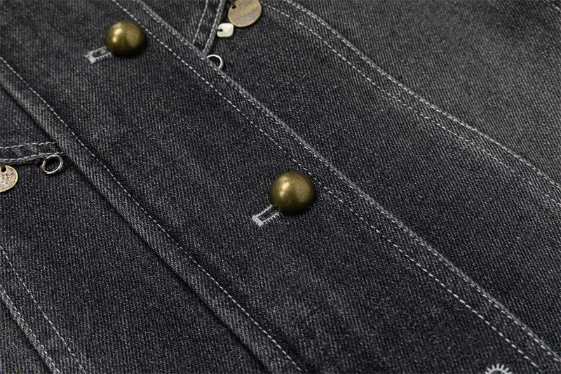 Men's Washed Denim Jacket with Metal Coin Chain Trim & Brass Buttons — Punk