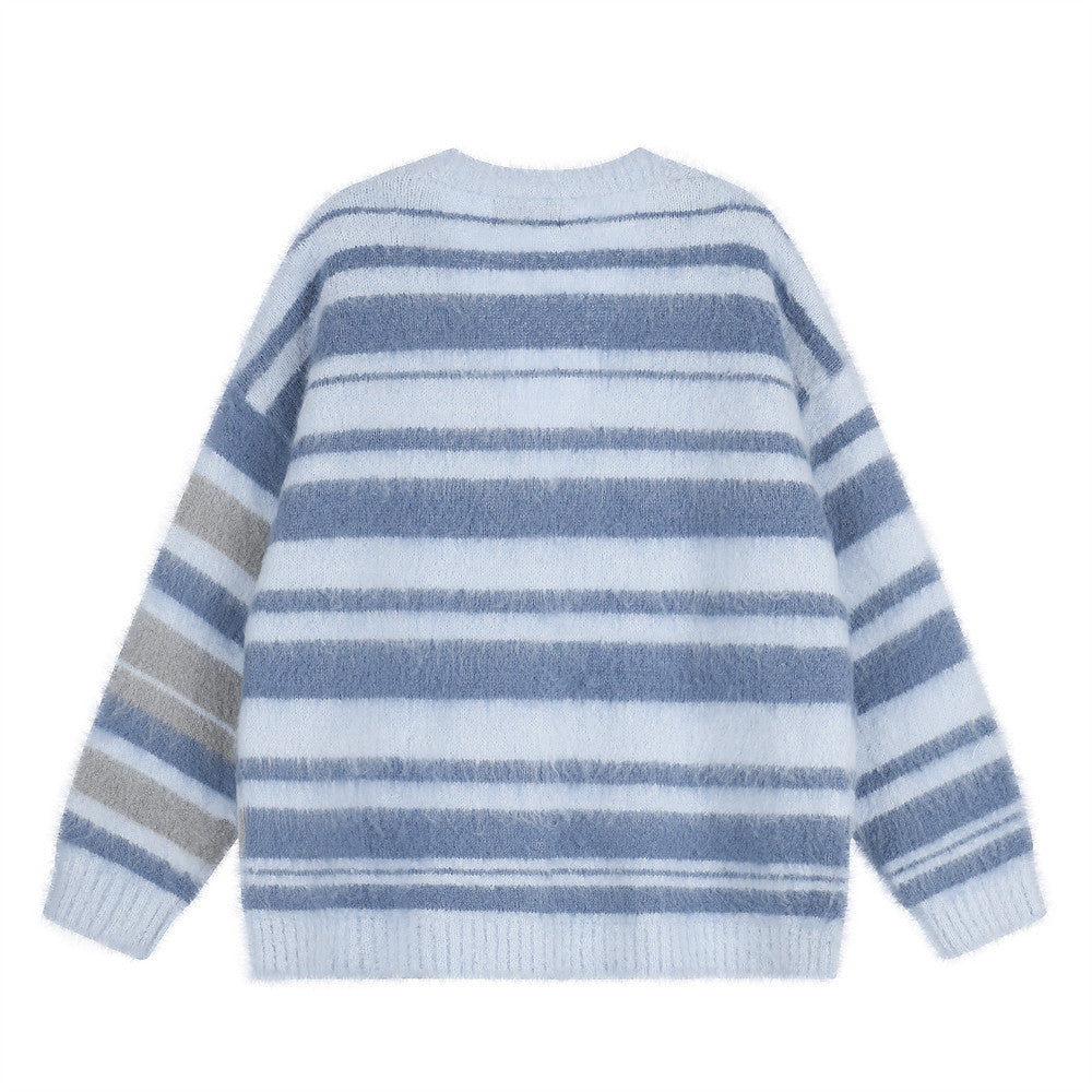 Striped V-Neck Cardigan Sweater – Oversized Colorblock Knit