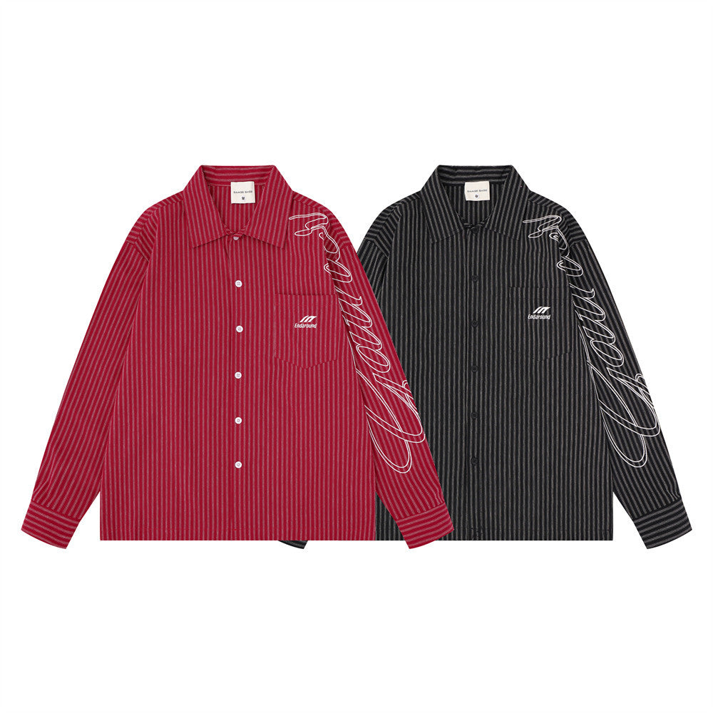 Red and black striped long sleeve shirts with oversized fit and white sleeve script embroidery