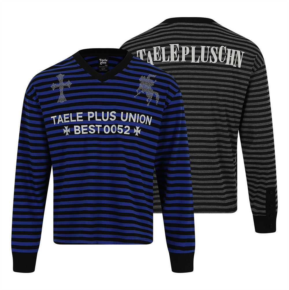 Men's oversized striped long-sleeve V-neck shirt with rhinestone cross and Pegasus graphic in blue and black