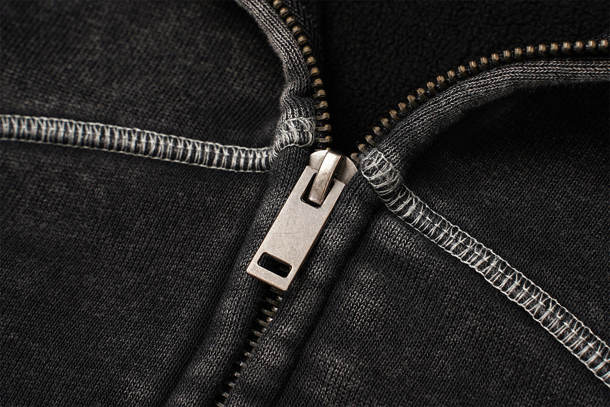 Zip Up Fleece Hoodie – Acid Wash Oversized Contrast Stitch