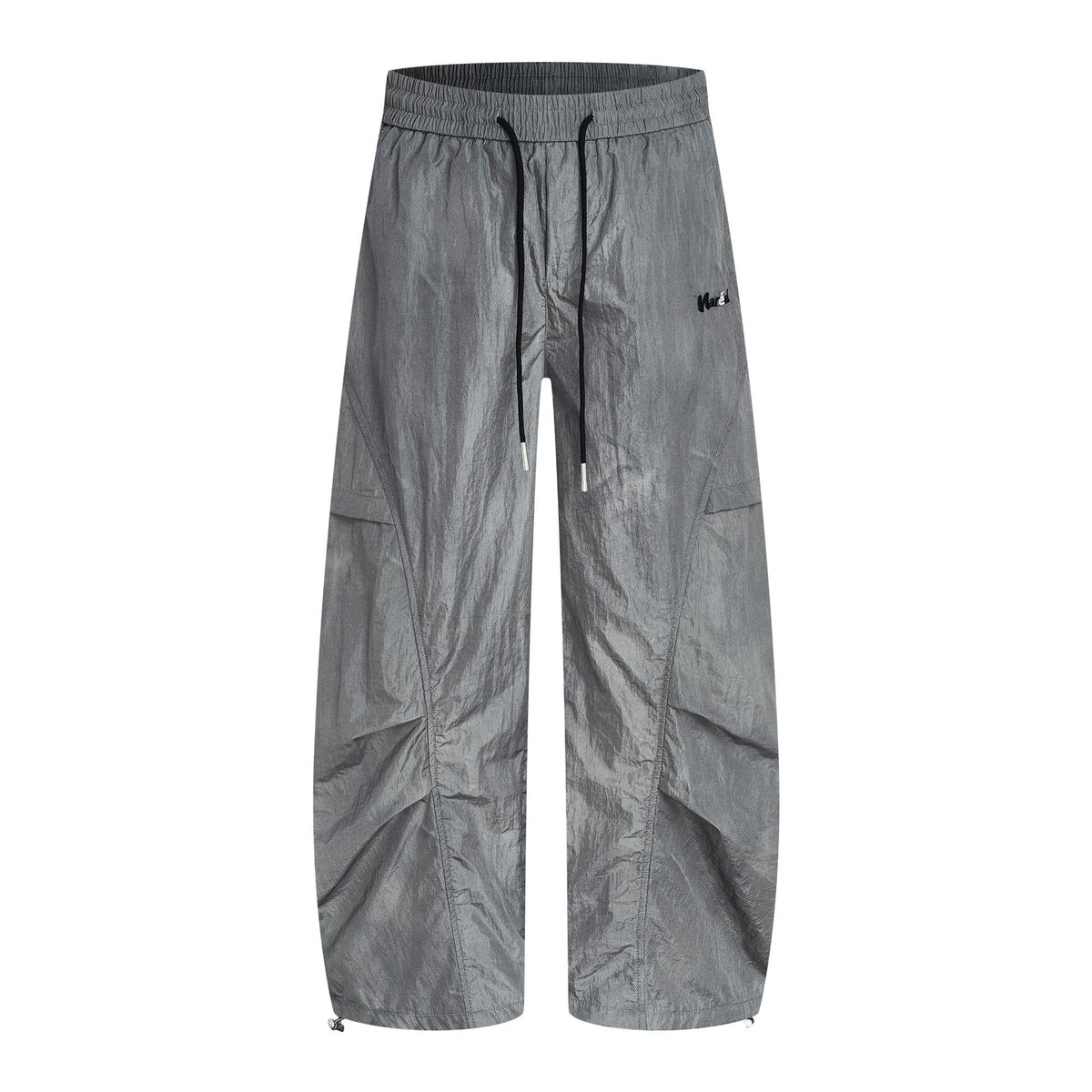 Oversized wide-leg parachute cargo pants in grey crinkle nylon with drawstring waist and cargo pockets