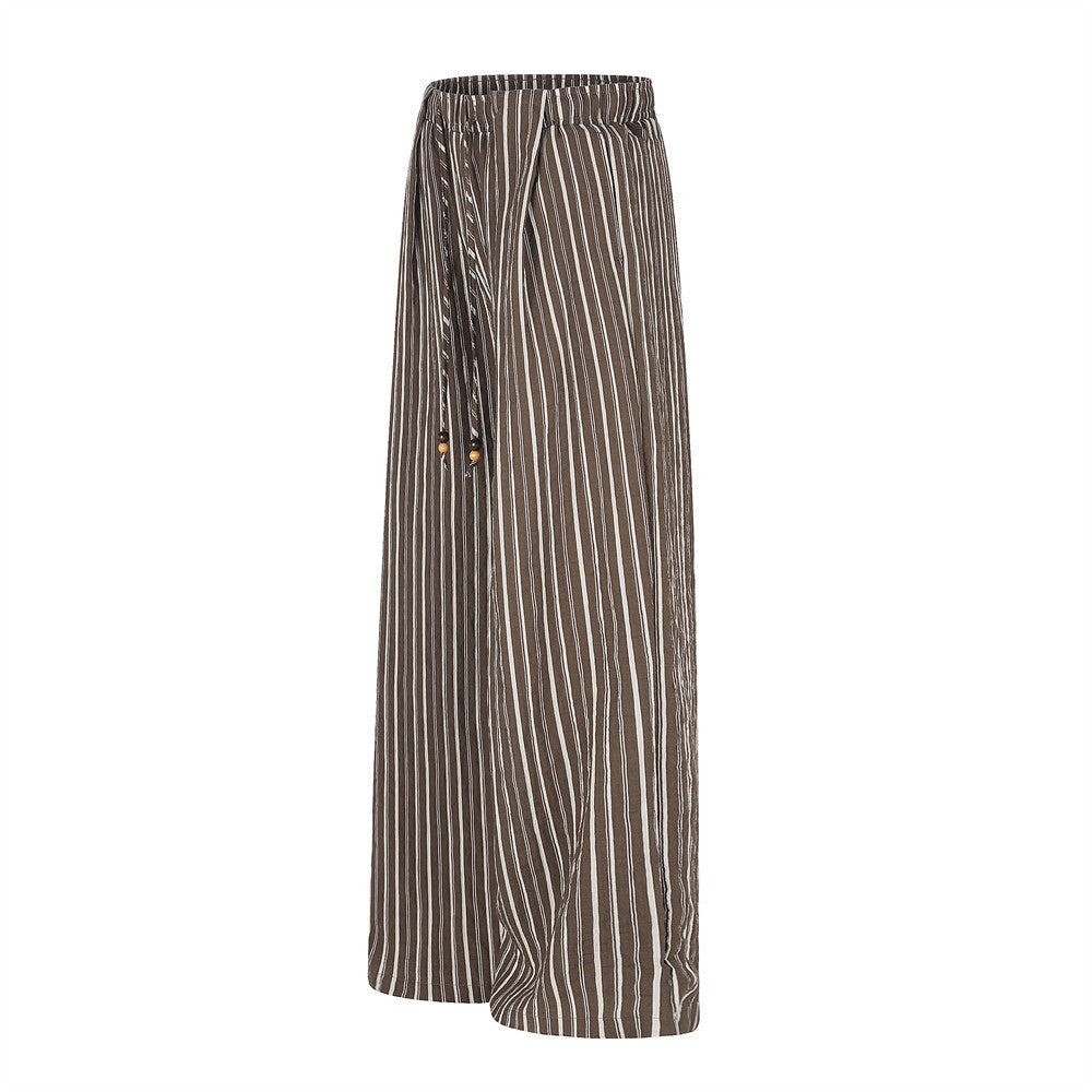 Striped Wide-Leg Pants with Elastic Drawstring Waist and Pleated Detail