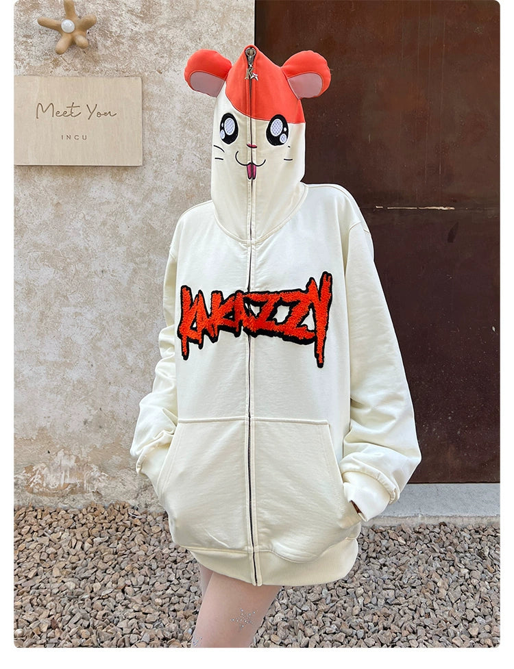 Cute Hamster Cartoon Hoodie - 400GSM Cotton with Playful Ear Design