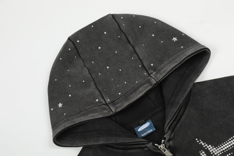 Sweat à capuche zippé Y2K délavé à l’acide avec étoiles doubles en strass – Coupe courte