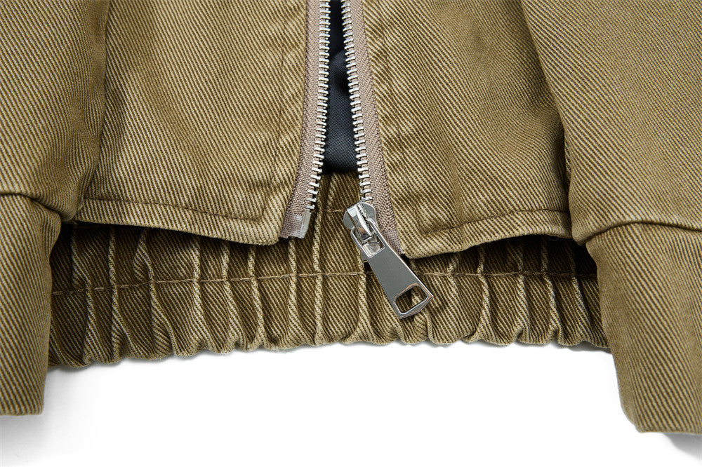 Men's Washed Denim Bomber Jacket – Oversized Fit, Double Collar & Zip Pockets