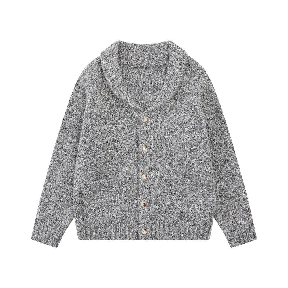 Men's heathered grey shawl collar knit cardigan sweater with button-front closure and patch pockets, front and back view