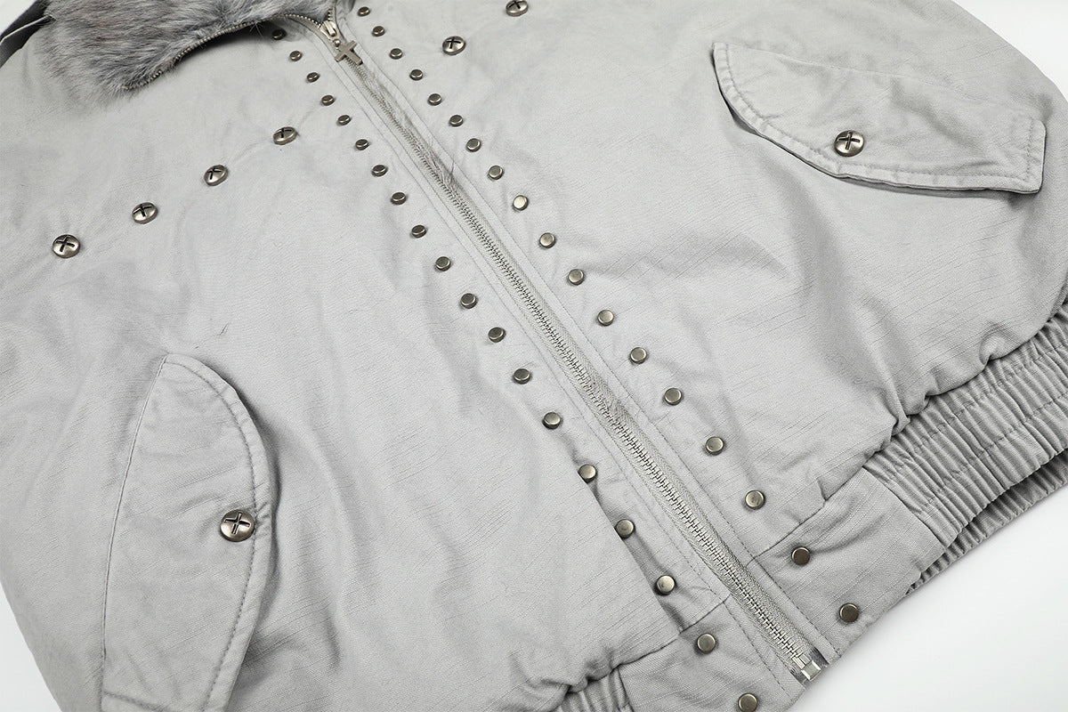 Studded Faux Fur Collar Bomber Jacket – Padded Moto-Inspired Winter Coat