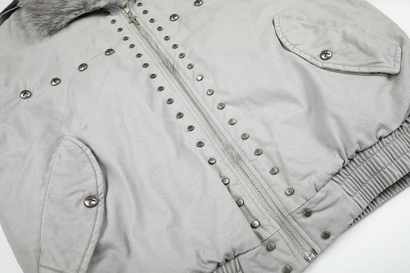 Studded Faux Fur Collar Bomber Jacket – Padded Moto-Inspired Winter Coat