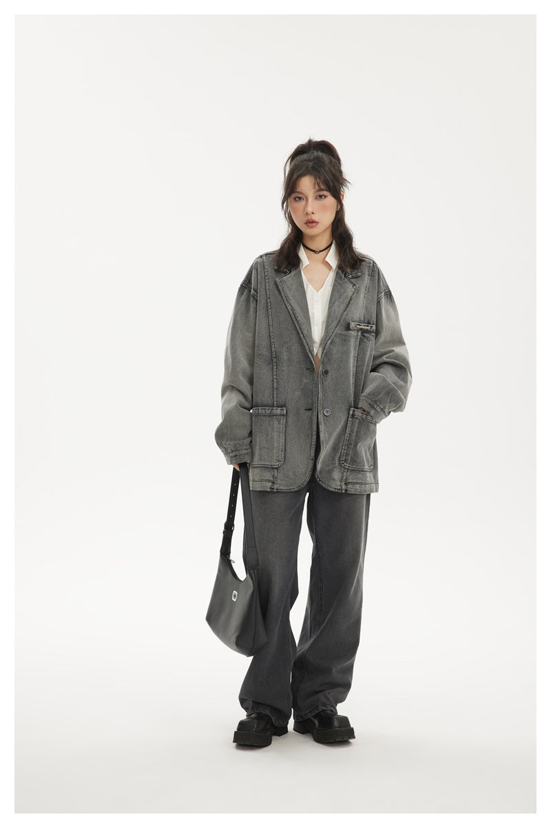 Oversized Washed Denim Blazer Jacket – Vintage Grey Black