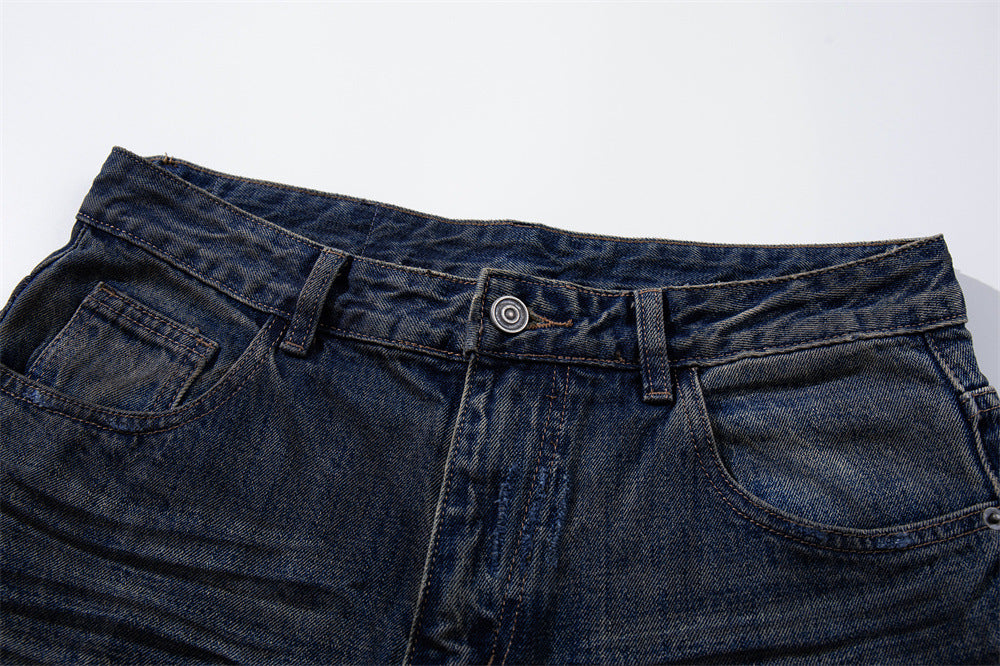 Wide-Leg Ripped Jeans – Vintage Washed Distressed Denim with Studded Patches
