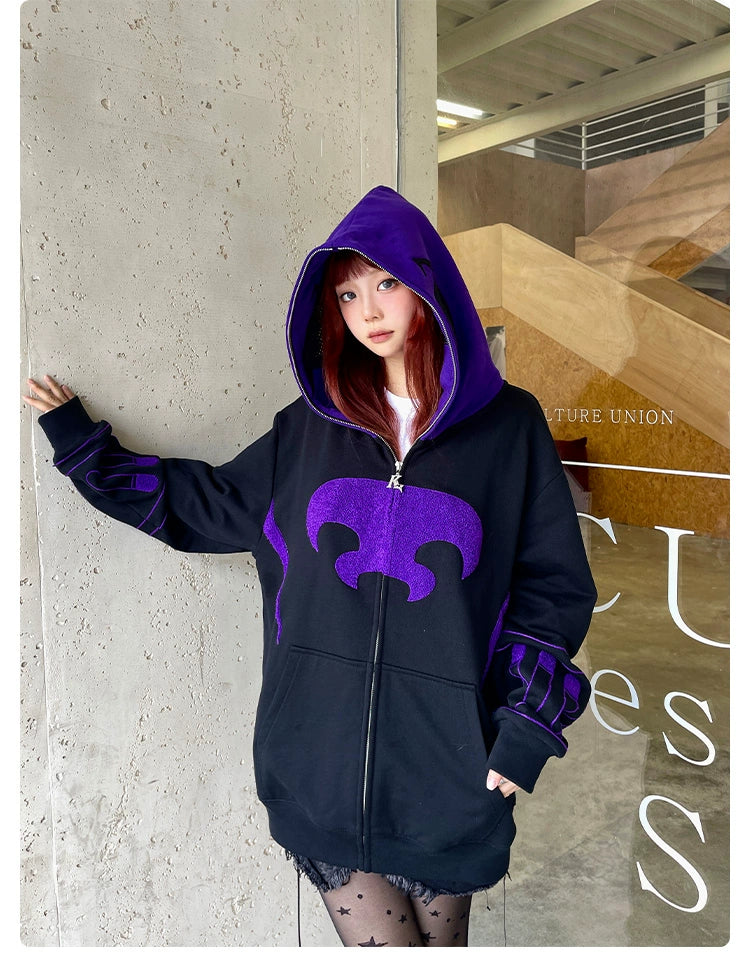 Dark Hero Hoodie - 400GSM Oversized Black and Purple Superhero Zip-Up Sweatshirt