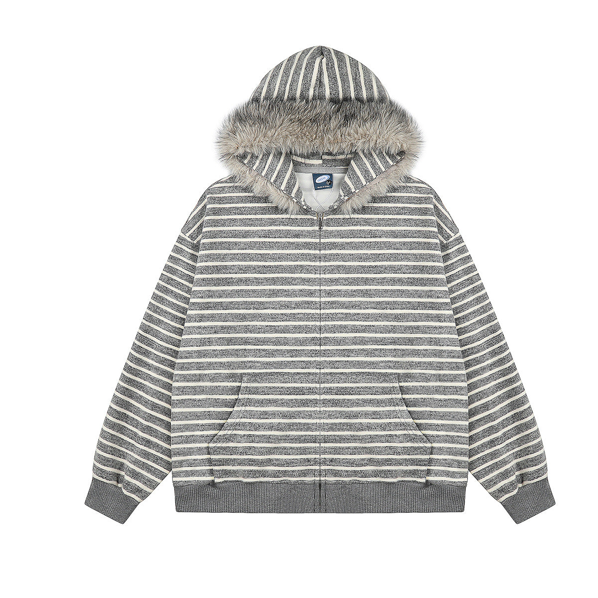 Sweat à capuche zippé à rayures horizontales gris et écru, capuche bordée de fausse fourrure, vues de face et de dos