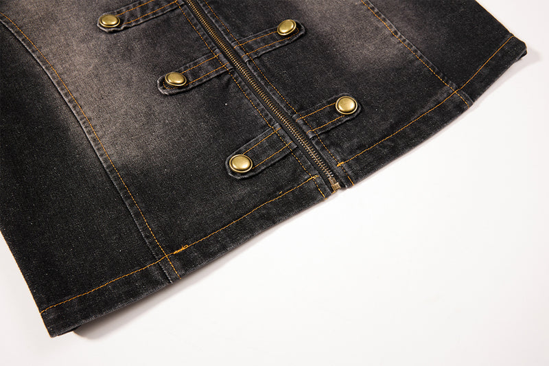 Military-Style Washed Denim Jacket – Stand Collar, Double-Breasted Button Detail