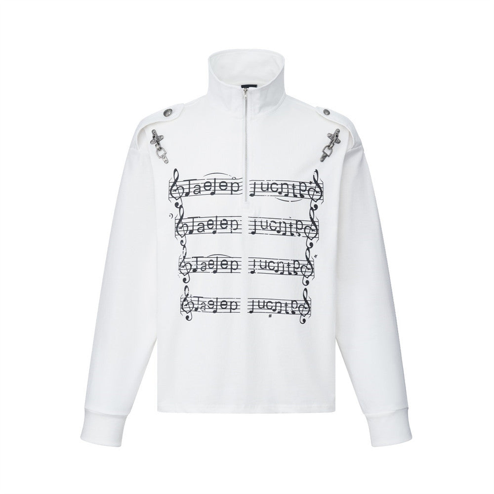 Men's Zip-Up Mock Neck Sweatshirt with Music Note Print — Oversized High-Street