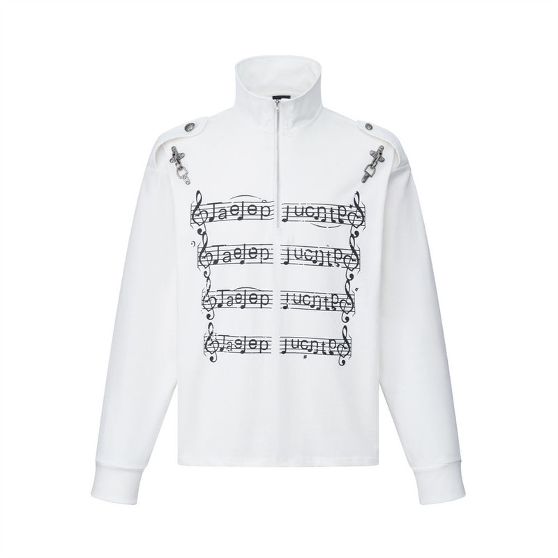 Men's Zip-Up Mock Neck Sweatshirt with Music Note Print — Oversized High-Street