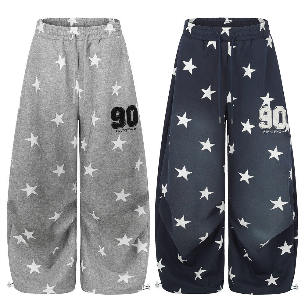 Star Print Wide-Leg Sweatpants – Oversized Pleated Streetwear Joggers