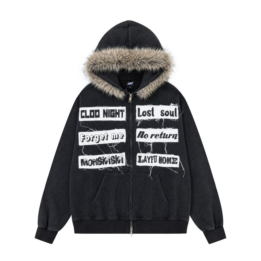 Fur Trim Zip-Up Hoodie with Letter Patch Appliqué and Washed Finish
