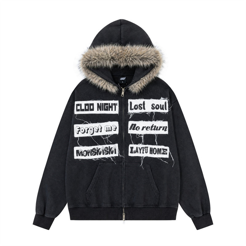 Fur Trim Zip-Up Hoodie with Letter Patch Appliqué and Washed Finish