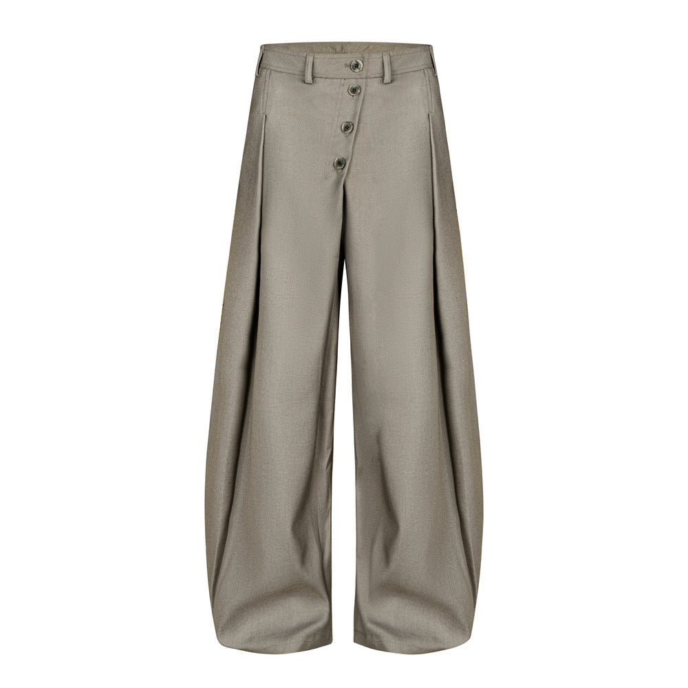Wide-Leg Pleated Trousers – Diagonal Button Fly, Relaxed Silhouette