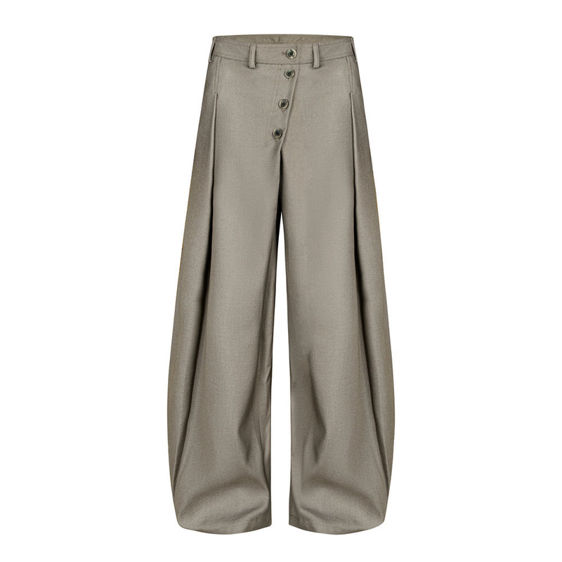 Wide-Leg Pleated Trousers – Diagonal Button Fly, Relaxed Silhouette