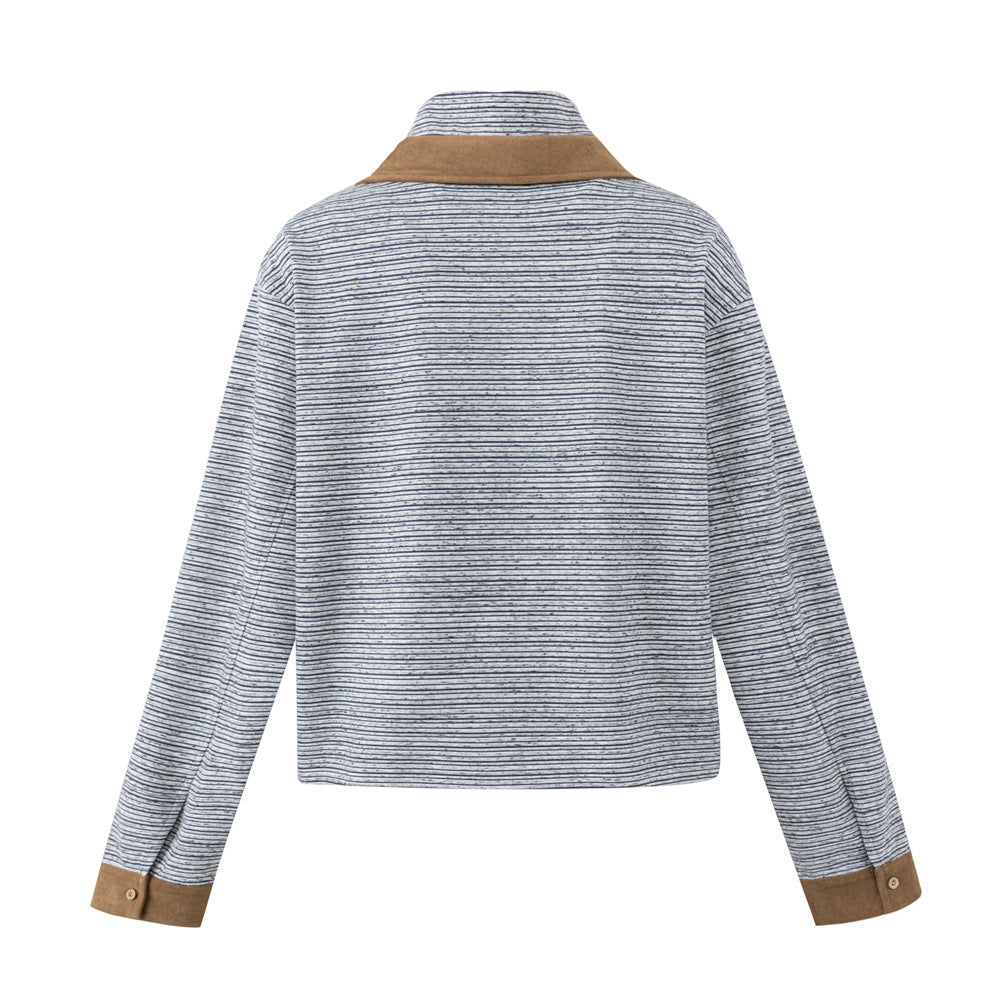 Striped Half-Zip Polo Sweatshirt with Suede Collar & Cuffs