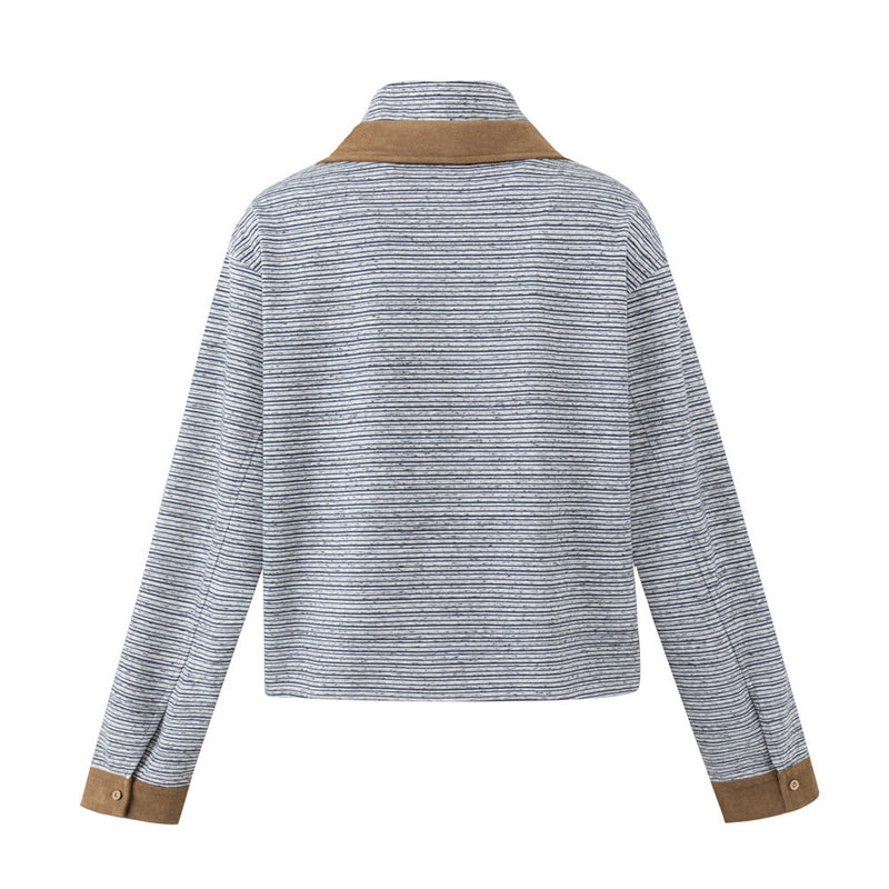 Striped Half-Zip Polo Sweatshirt with Suede Collar & Cuffs