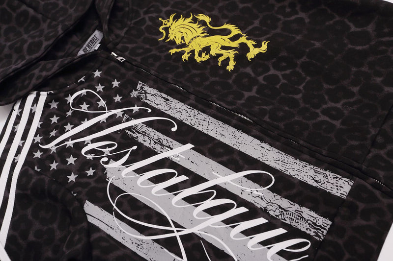 Sweat à capuche zippé léopard avec écusson lion et motif drapeau américain